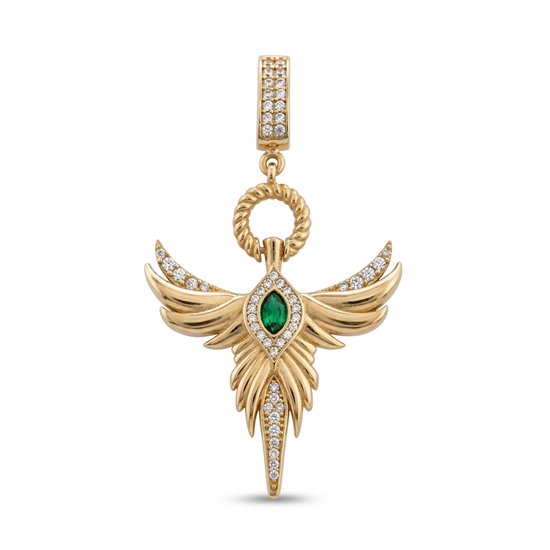 Yeşil Taşlı Anka Kuşu Kolye Ucu 14 Ayar