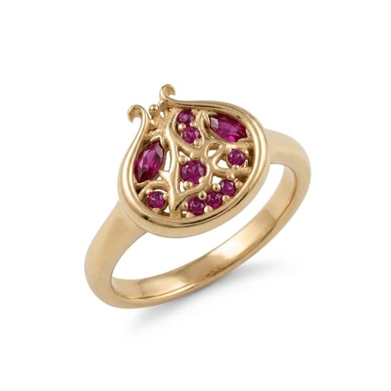 Cetaş Renkli Taşlı Nar Motifli 14 Ayar Altın Yüzük