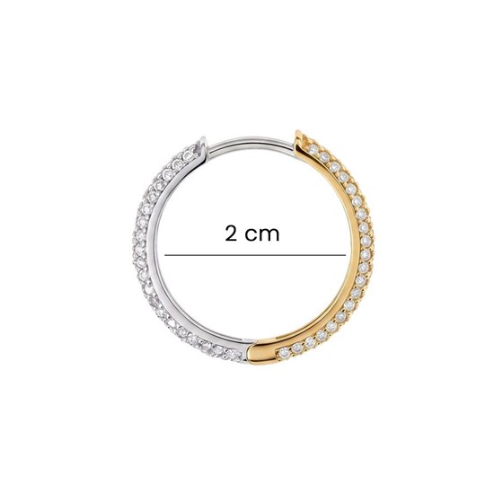 Çift Taraflı Taşlı Sarı Ve Beyaz 14 Ayar Altın Halka Küpe 2 Cm