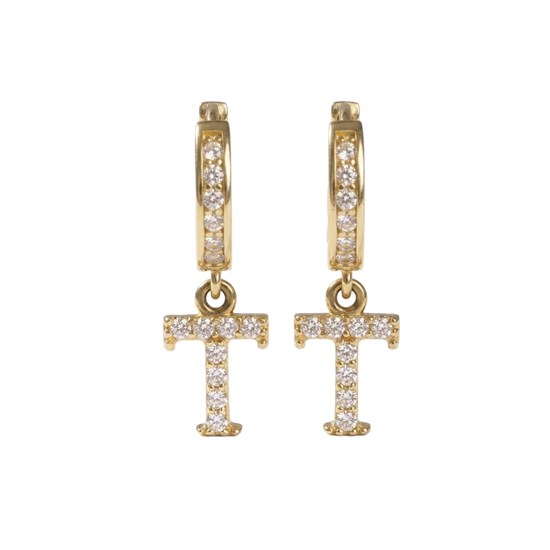 Sallantılı Taşlı T Harfi 14 Ayar Altın Küpe