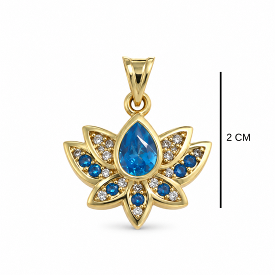 Mavi Taşlı Lotus 14 Ayar Altın Kolye Ucu