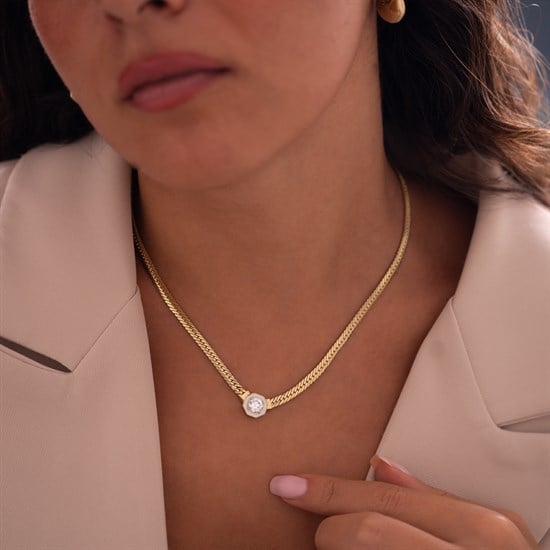 Beyaz Mineli Çağla Model 14 Ayar Altın Kolye