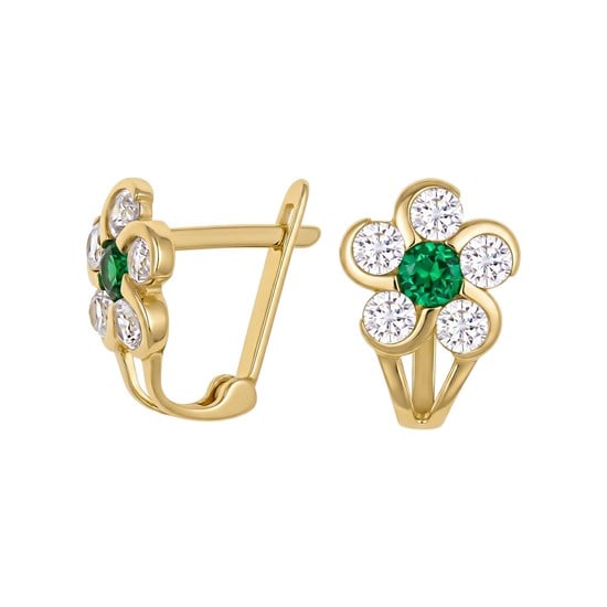 Yeşil Beyaz Taşlı Çiçek Modeli Klips Kilitli Çocuk Küpe 14 Ayar Altın