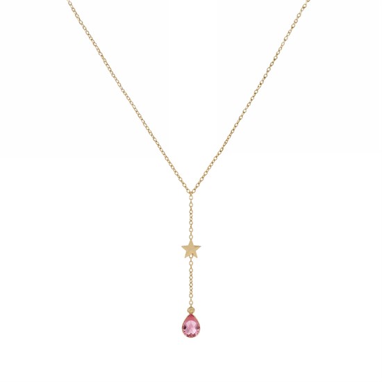 Pembe Taşlı Yıldız 14 Ayar Altın Minimal Kolye