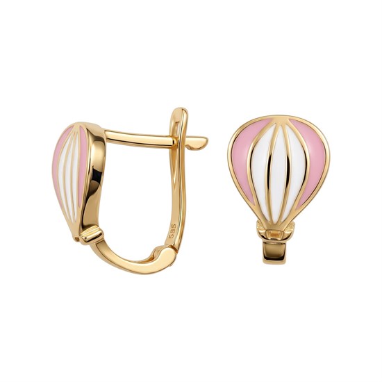 Pembe Beyaz Mineli Balon Modeli Klips Kilitli Çocuk Küpe 14 Ayar Altın