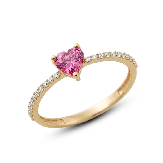 Pembe Taşlı Kalpli 14 Ayar Altın Yüzük
