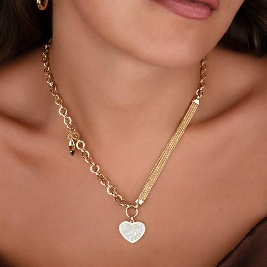 Cetaş Eterna Beyaz Mineli Kalp 14 Ayar Altın Kolye