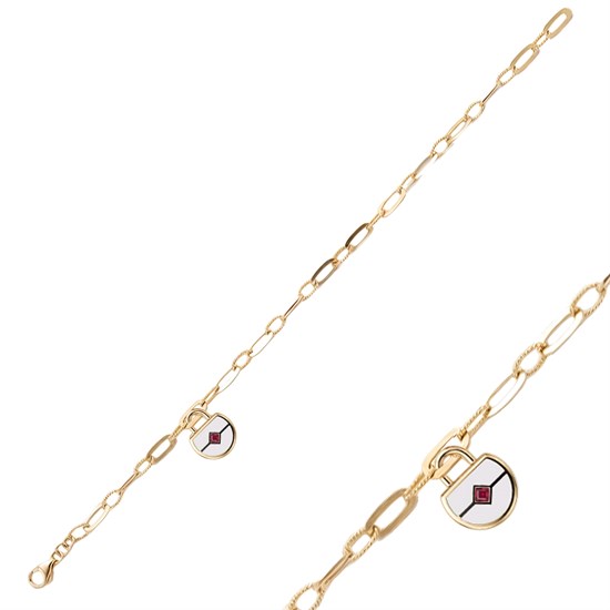 Beyaz Sedef Mineli Ataç Zincir 14 Ayar Altın Bileklik