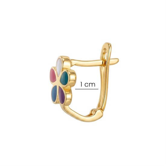 Çiçek Model Renkli Mineli Klips Kilitli Çocuk Küpe 14 Ayar Altın