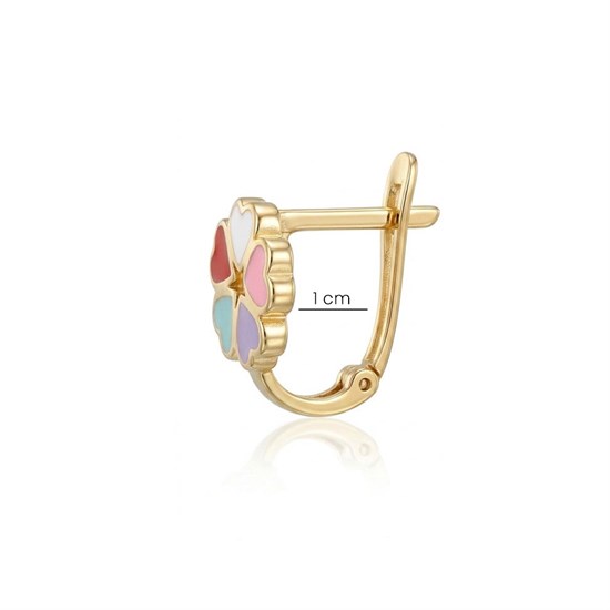 Renkli Mineli Çiçekli Klips Kilitli Küpe 14 Ayar Altın