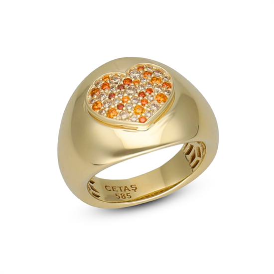 Cetaş Eterna Renkli Taşlı Kalp 14 Ayar Altın Yüzük