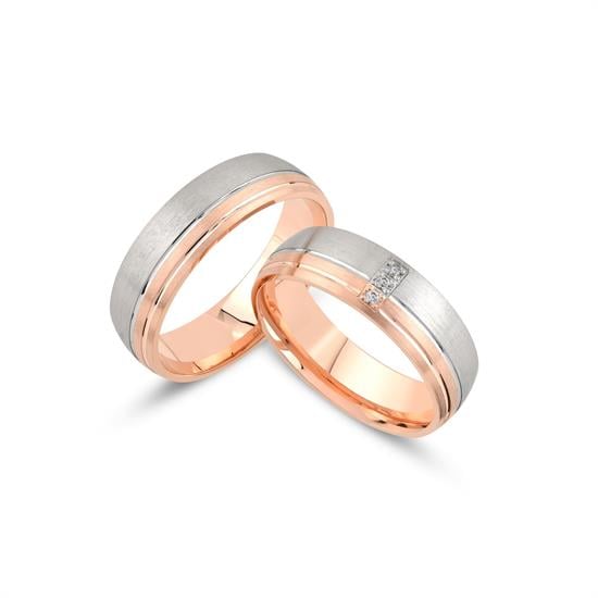 İçi Boş Rose Beyaz Altın Taşlı Çift Alyans