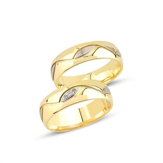 Taşlı Tasarım 14 Ayar Altın İçi Boş Çift Alyans