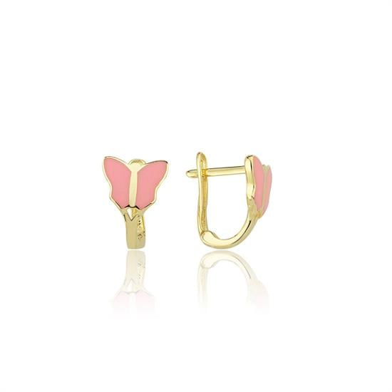 Pembe Kelebek Çocuk Küpesi 14 Ayar Altın