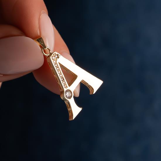 A Harfi Taşlı 14 Ayar Altın Kolye Ucu