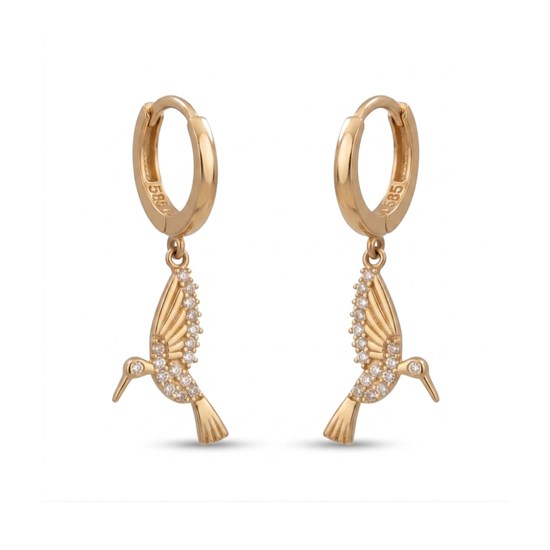 Sallantılı Taşlı Kuş Küpe 14 Ayar Altın