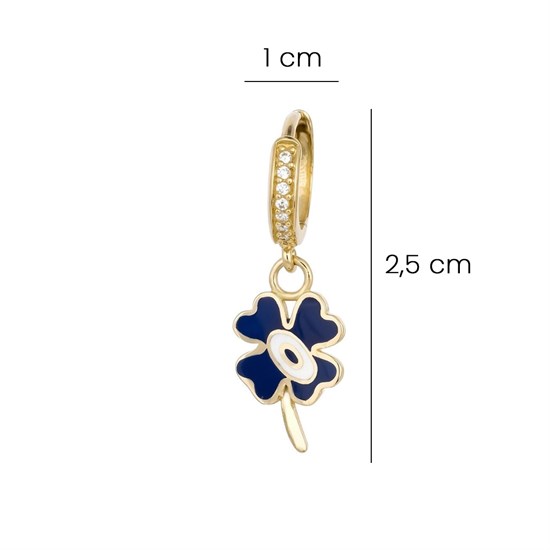 Mavi Mineli Yonca Sallantılı Küpe 14 Ayar Altın