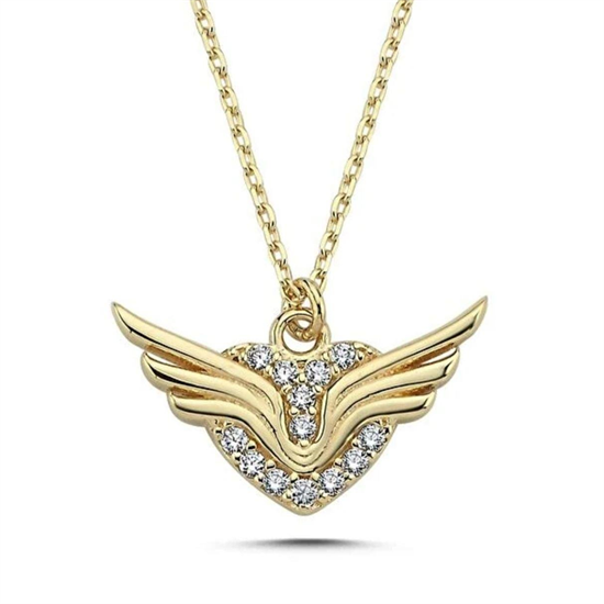 Kanatlı Altın Kalp Kolye 14 Ayar