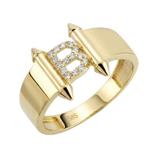 B Harfi Taşlı Yüzük 14 Ayar Altın