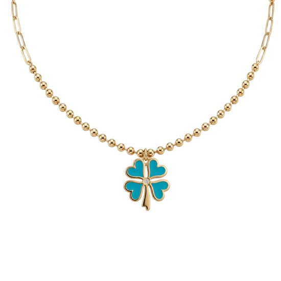 Cetaş Eterna Mavi Mineli Yonca 14 Ayar Altın Kolye