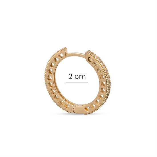 Kalp Detaylı Taşlı Halka Küpe 14 Ayar Altın