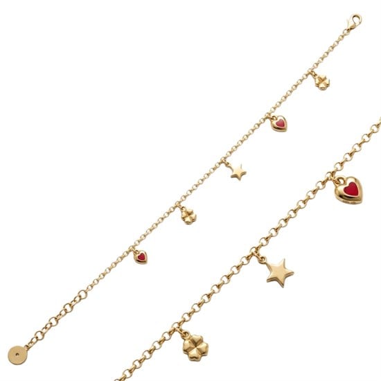 Cetaş Kırmızı Kalpli Bileklik 14 Ayar Altın