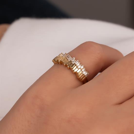 Baget Taşlı Ağaç Kabuğu 14 Ayar Altın Yüzük