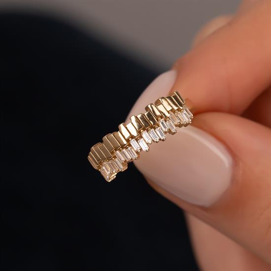 Baget Taşlı Ağaç Kabuğu 14 Ayar Altın Yüzük