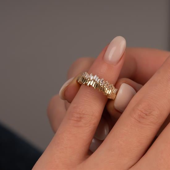 Baget Taşlı Ağaç Kabuğu 14 Ayar Altın Yüzük