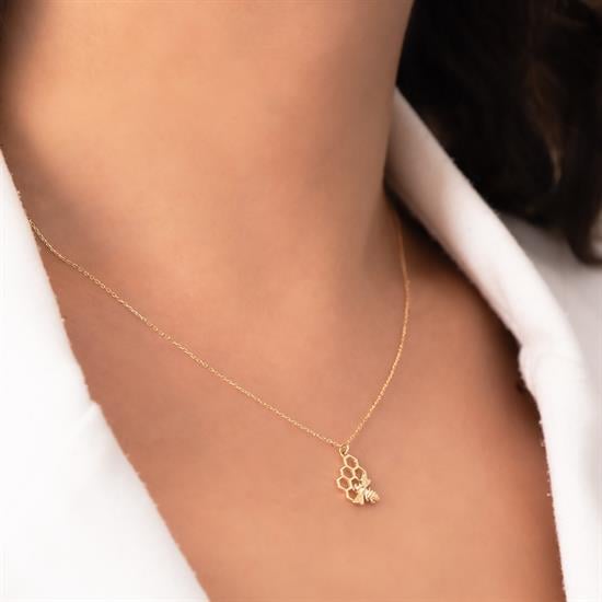 Bal Peteği Arı Figürlü 14 Ayar Altın Kolye