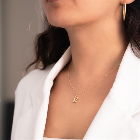 Bal Peteği Arı Figürlü 14 Ayar Altın Kolye