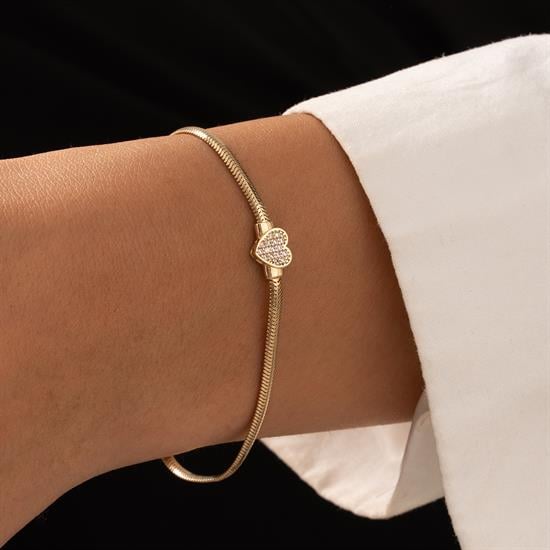 Balıksırtı Kalpli Taşlı 14 Ayar Altın Bileklik 