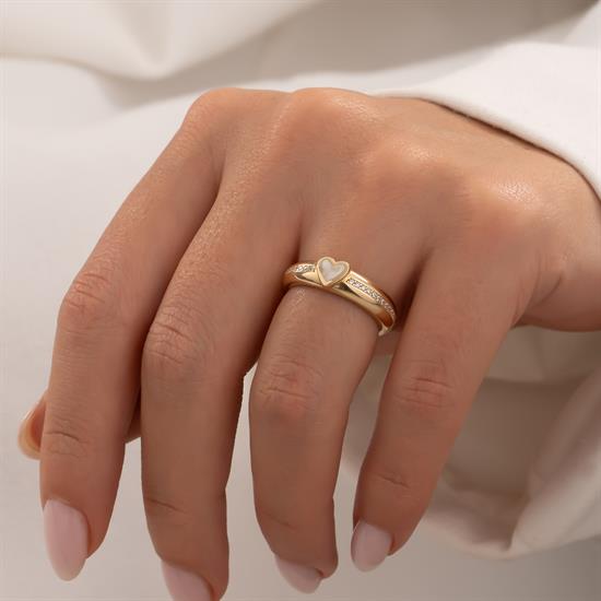 Beyaz Mineli Taşlı Kalp 14 Ayar Altın Yüzük