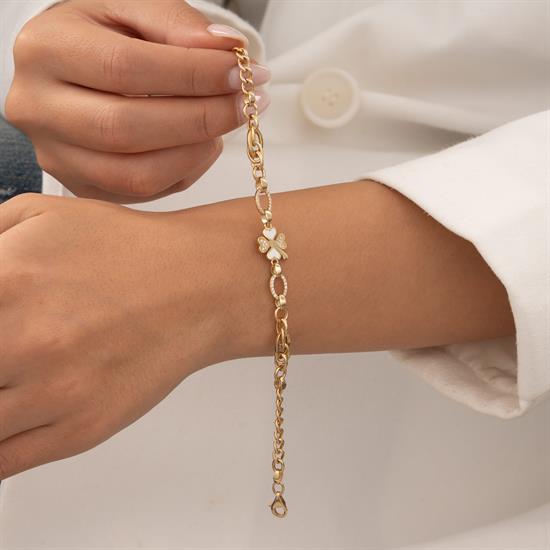 Beyaz Mineli Yonca 14 Ayar Altın Bileklik