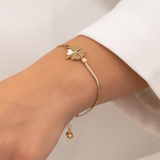 Beyaz Mineli Yonca Balıksırtı 14 Ayar Altın Bileklik