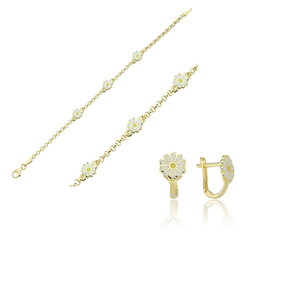 Beyaz Papatya Çocuk Bileklik Küpe Set