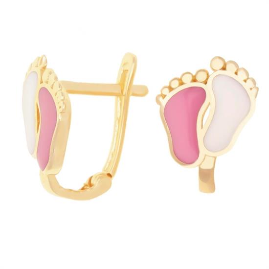 Beyaz Pembe Mineli Ayakizi Modeli Klips Kilitli Çocuk Küpe 14 Ayar Altın