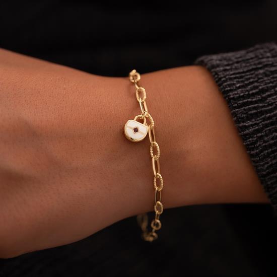 Beyaz Sedef Mineli Ataç Zincir 14 Ayar Altın Bileklik