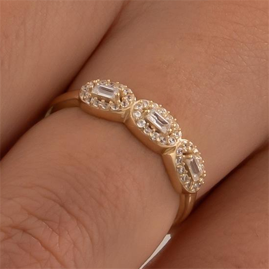 Baget Kenarları Taşlı Yüzük 14 Ayar Altın