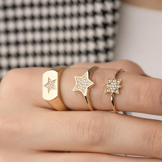 Beyaz Taşlı Yıldız Modeli 14 Ayar Altın Yüzük