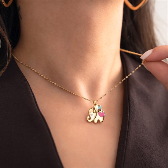 Cetaş Eterna Altın Kolye Sarı Altın Pembe-Mavi Mineli Eterna Fil 14 Ayar