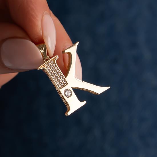 Büyük K Harfi Taşlı Kolye Ucu 14 Ayar Altın