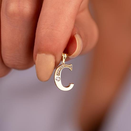 C Harfi Taşlı 14 Ayar Altın Kolye Ucu