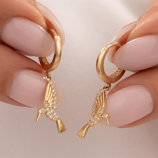 Sallantılı Taşlı Kuş Küpe 14 Ayar Altın