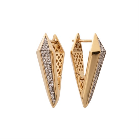 Taşlı Üçgen Geometrik Tasarım Küpe 14 Ayar Altın