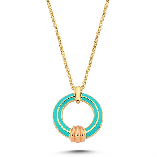 Cetaş Eterna Altın Kolye Sarı-Rose Altın Turkuaz Mineli 14 Ayar