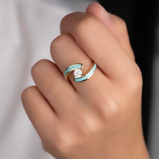 Cetaş Mavi Mineli Ortası Taşlı 14 Ayar Altın Yüzük