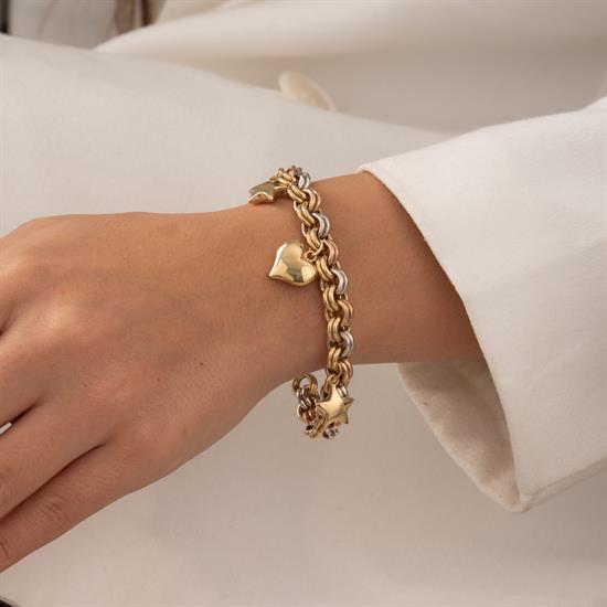 Kalp-Yıldız Charmlı 3 Renk 14 Ayar Altın Bileklik