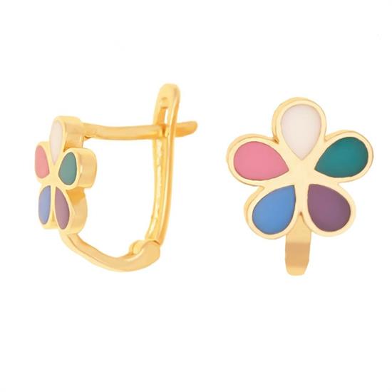 Çiçek Model Renkli Mineli Klips Kilitli Çocuk Küpe 14 Ayar Altın