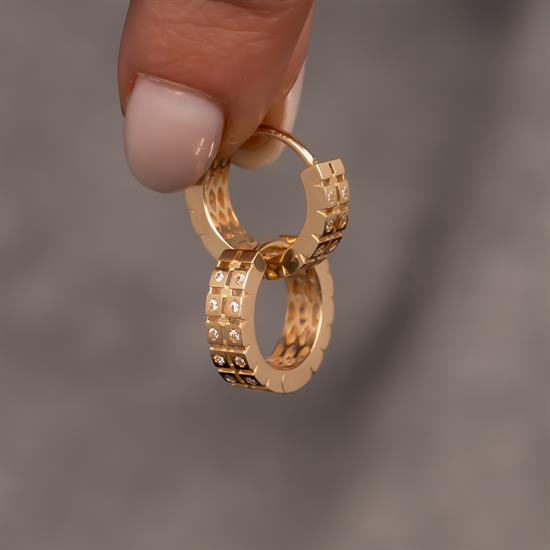 Çift Sıra Taşlı Halka 14 Ayar Küpe 1,5 cm